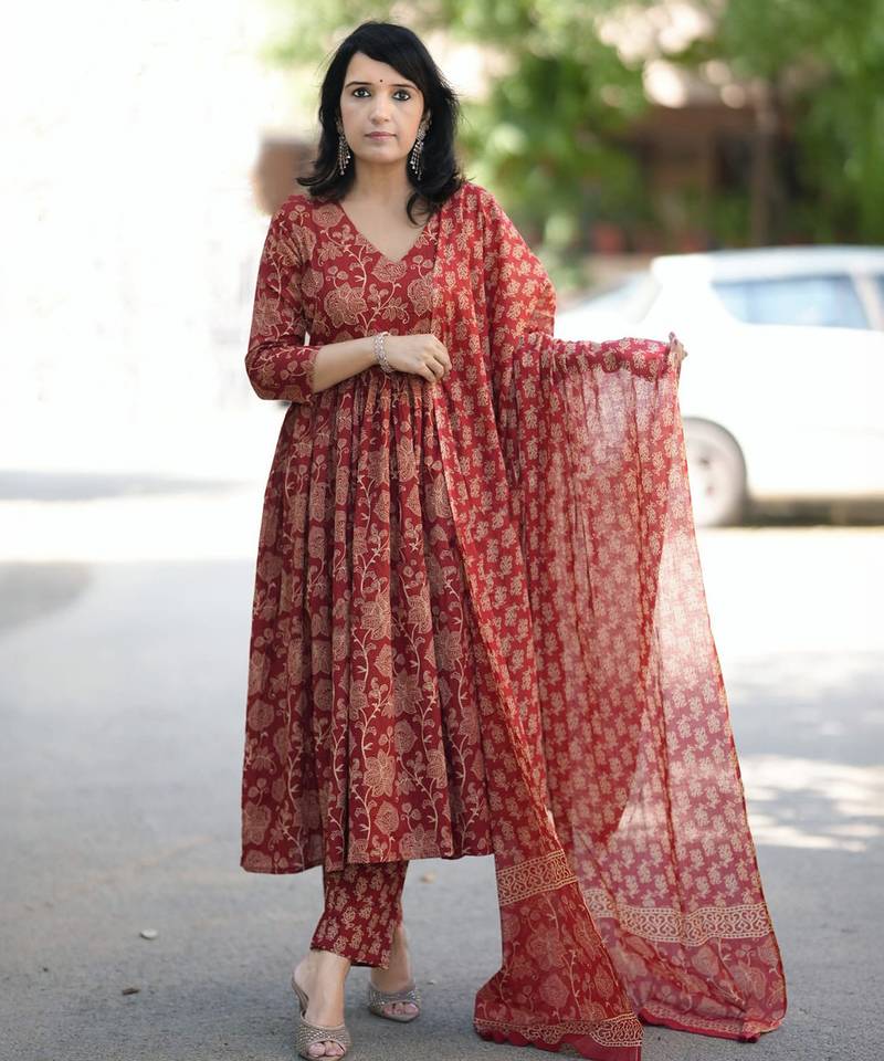 Maroon rayon printed designer kurta set with dupatta