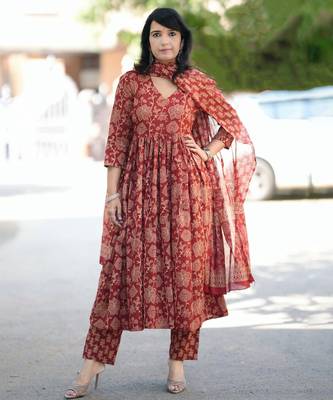 Maroon rayon printed designer kurta set with dupatta 2