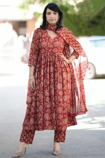 Maroon rayon printed designer kurta set with dupatta