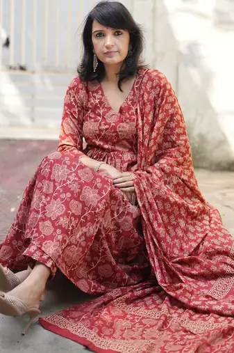 Maroon rayon printed designer kurta set with dupatta