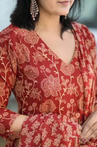 Maroon rayon printed designer kurta set with dupatta
