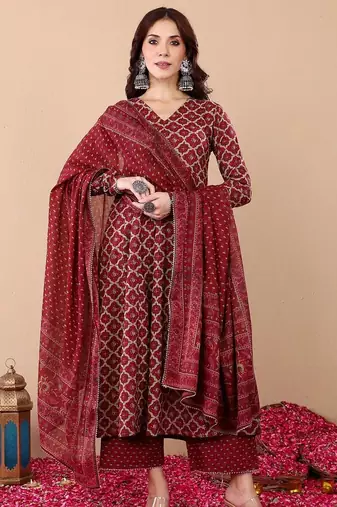 Maroon rayon printed designer kurta set with dupatta