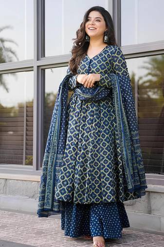 Navy blue rayon printed designer kurta set with dupatta