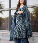 Navy blue rayon printed designer kurta set with dupatta