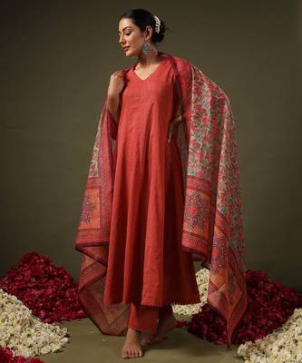 Rust rayon printed designer kurta set with dupatta 1