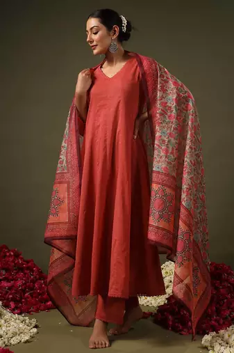 Rust rayon printed designer kurta set with dupatta