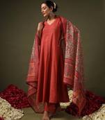 Rust rayon printed designer kurta set with dupatta