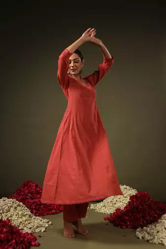 Rust rayon printed designer kurta set with dupatta