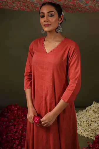Rust rayon printed designer kurta set with dupatta