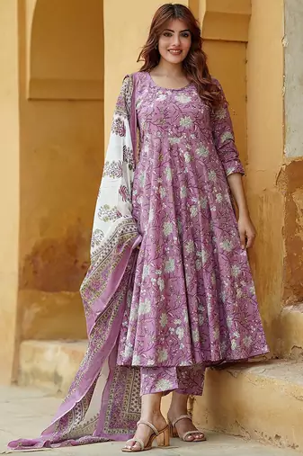 Lavender rayon printed designer kurta set with dupatta
