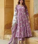 Lavender rayon printed designer kurta set with dupatta