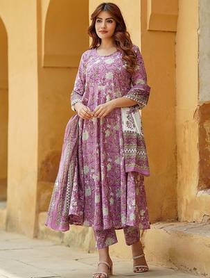 Lavender rayon printed designer kurta set with dupatta 2