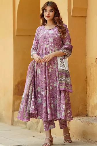 Lavender rayon printed designer kurta set with dupatta