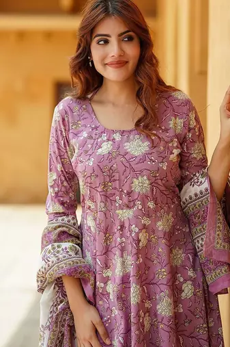 Lavender rayon printed designer kurta set with dupatta