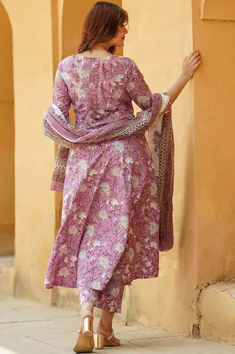 Lavender rayon printed designer kurta set with dupatta