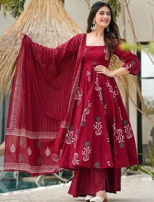 Maroon rayon printed designer kurta set with dupatta 1