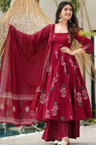 Maroon rayon printed designer kurta set with dupatta