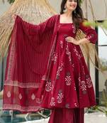 Maroon rayon printed designer kurta set with dupatta