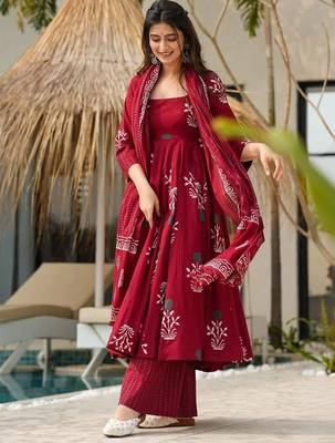 Maroon rayon printed designer kurta set with dupatta 2