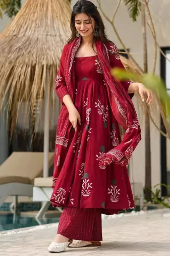 Maroon rayon printed designer kurta set with dupatta