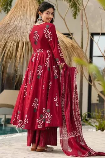 Maroon rayon printed designer kurta set with dupatta