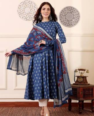 Blue rayon printed designer kurta set with dupatta 1