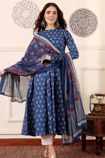Blue rayon printed designer kurta set with dupatta