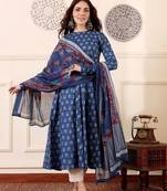 Blue rayon printed designer kurta set with dupatta