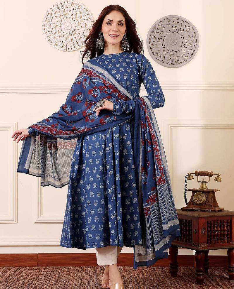 Blue rayon printed designer kurta set with dupatta