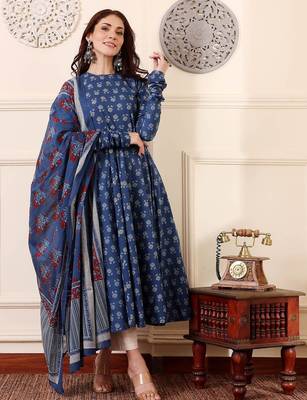 Blue rayon printed designer kurta set with dupatta 2