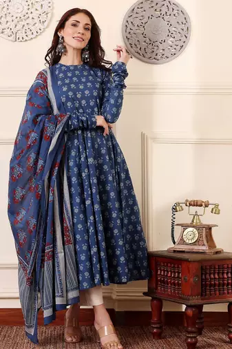 Blue rayon printed designer kurta set with dupatta