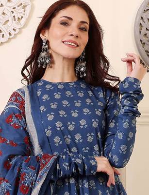 Blue rayon printed designer kurta set with dupatta 3