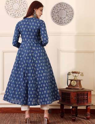 Blue rayon printed designer kurta set with dupatta 4