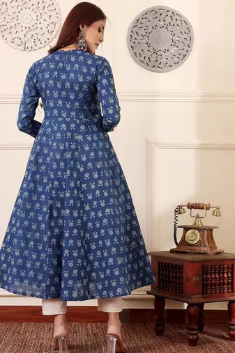 Blue rayon printed designer kurta set with dupatta