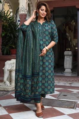 Bottle green rayon printed designer kurta set with dupatta 1