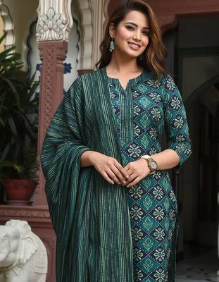Bottle green rayon printed designer kurta set with dupatta 3