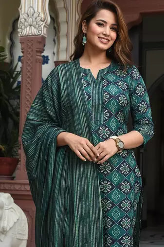 Bottle green rayon printed designer kurta set with dupatta