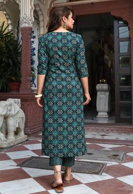 Bottle green rayon printed designer kurta set with dupatta 4