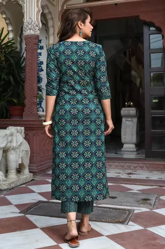 Bottle green rayon printed designer kurta set with dupatta