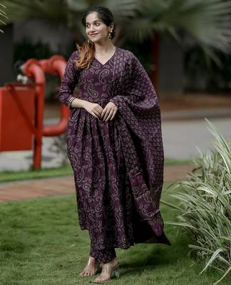 Wine rayon printed designer kurta set with dupatta 1