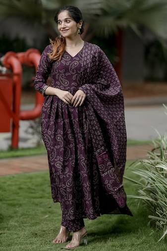 Wine rayon printed designer kurta set with dupatta