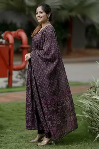 Wine rayon printed designer kurta set with dupatta