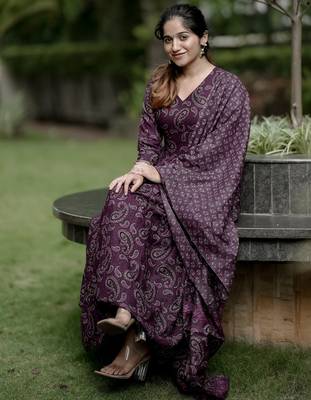 Wine rayon printed designer kurta set with dupatta 3