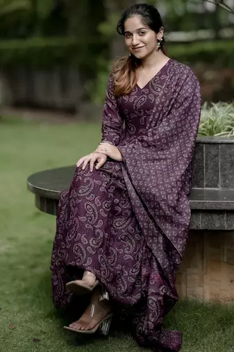 Wine rayon printed designer kurta set with dupatta