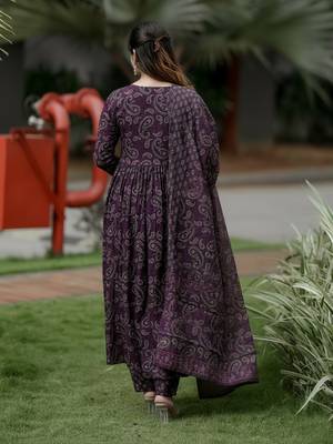Wine rayon printed designer kurta set with dupatta 4