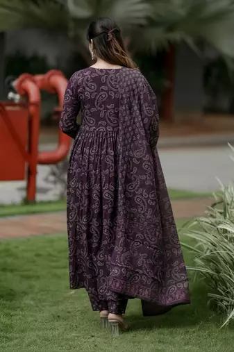 Wine rayon printed designer kurta set with dupatta