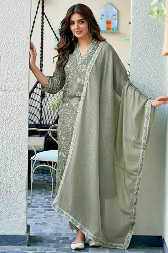 Pista green rayon printed designer kurta set with dupatta