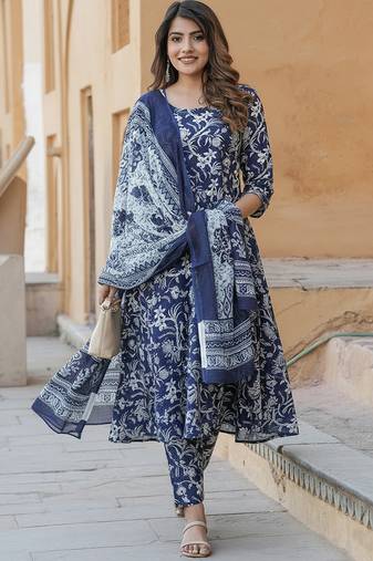 Navy blue rayon printed designer kurta set with dupatta
