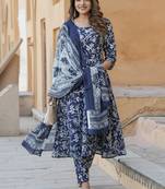 Navy blue rayon printed designer kurta set with dupatta