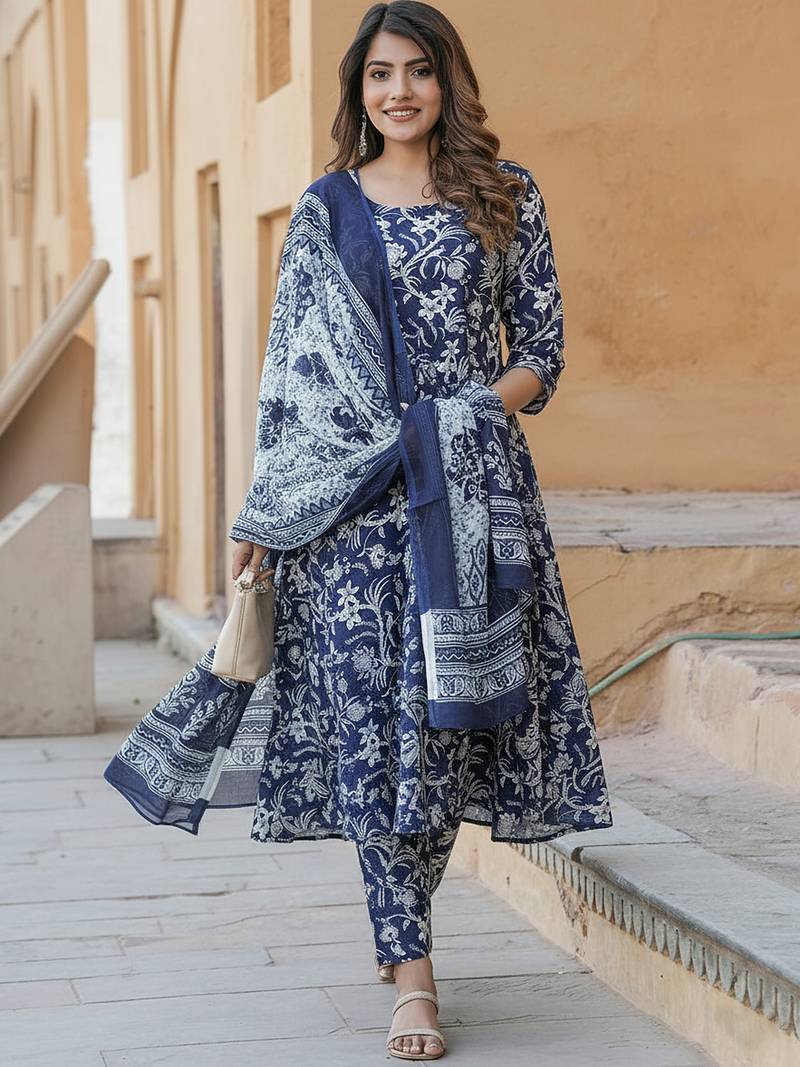 Navy blue rayon printed designer kurta set with dupatta